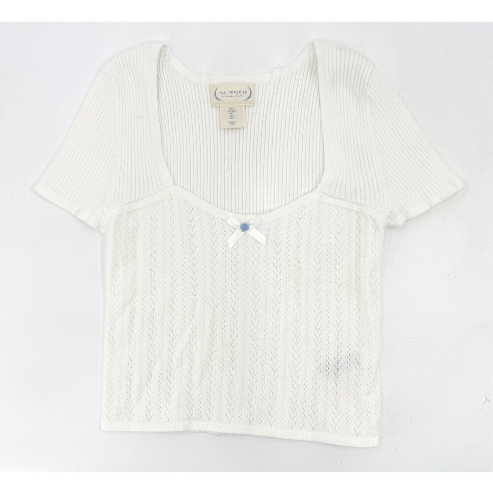 The Prairie Rachel Ashwell Sweater Womens Large White Short Sleeve Knit Bow Top